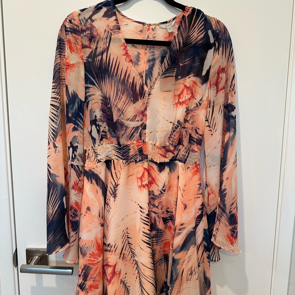 Guess Floral Long Sleeve Dress - Peach and Navy